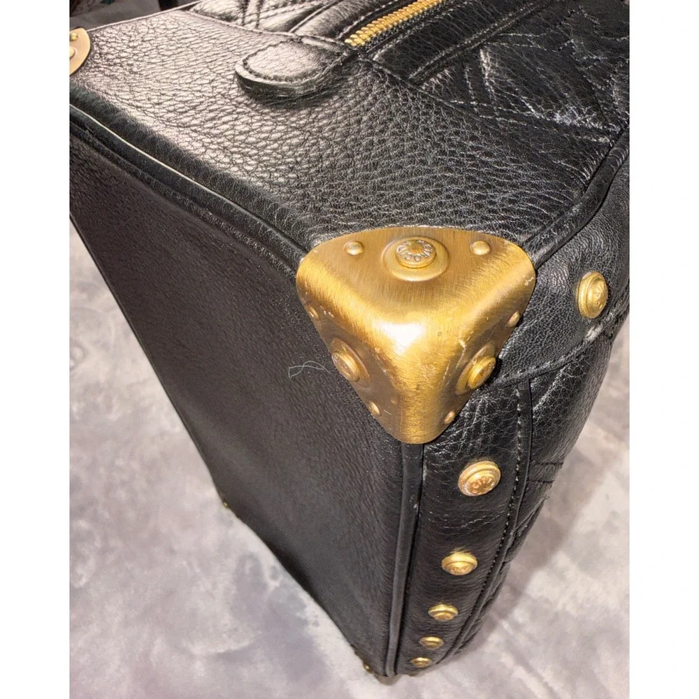 Metrocity Italy Black Quilted Pebbled Leather Satchel Handbag Brass Hardware